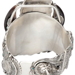 Géza Aranyos sterling zilveren Native American arm cuff met berenklauw, turkoois en bloedkoraal.