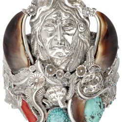 Géza Aranyos sterling zilveren Native American arm cuff met berenklauw, turkoois en bloedkoraal.