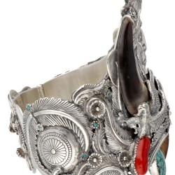 Géza Aranyos sterling zilveren Native American arm cuff met berenklauw, turkoois en bloedkoraal.