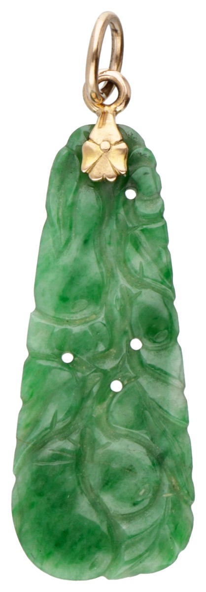 14 kt. Geelgouden vintage hanger met gesneden jade.