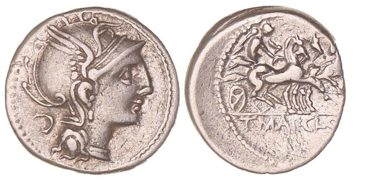 Roman republic. Appius Claudius Pulcher, T. Manlius Mancius, and Q. Urbinius. Denarius. N.D. (111 - 110 BC).