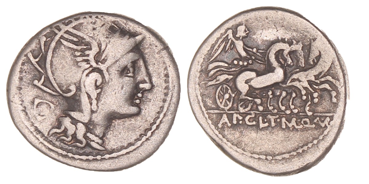 Roman republic. Appius Claudius Pulcher, T. Manlius Mancius, and Q. Urbinius. Denarius. N.D. (111 - 110 BC).