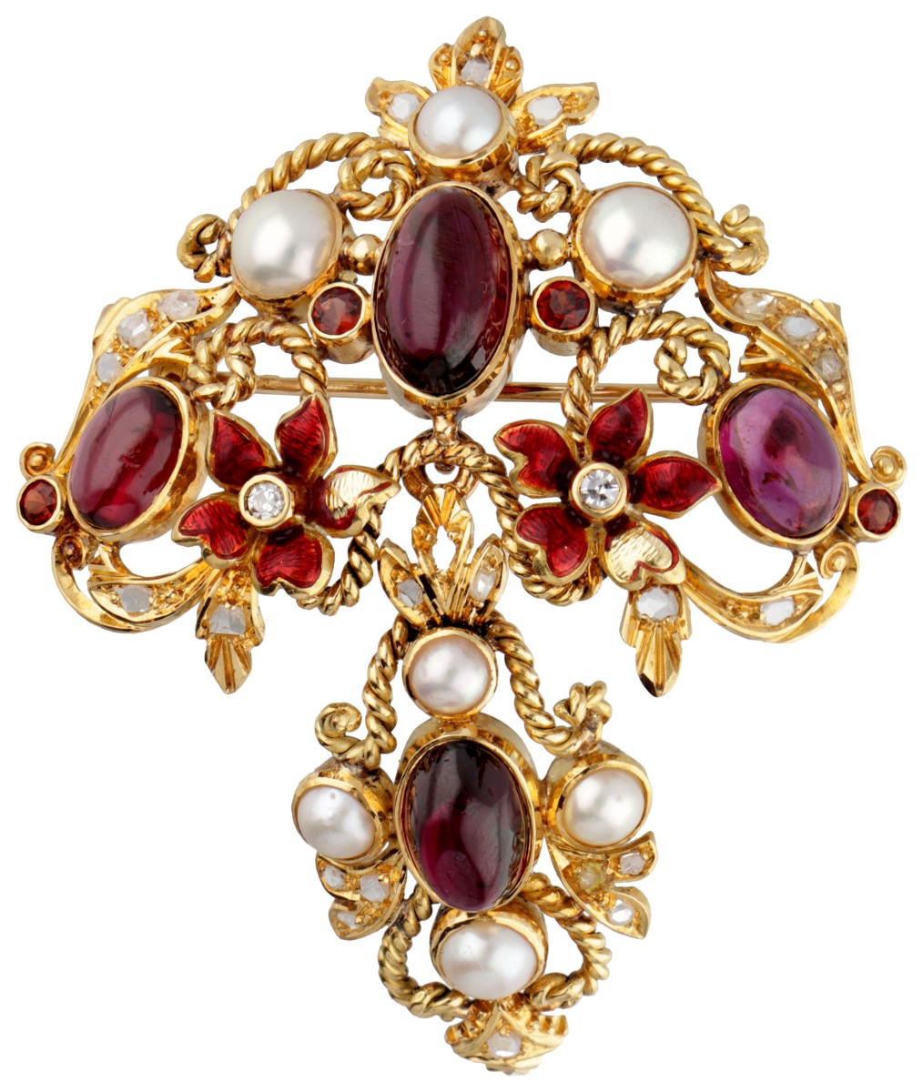 18 kt. Geelgouden Portugese vintage broche / hanger bezet met diamant, granaat, cultivé parel en emaille.