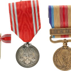 Japan. Showa period. Lot (2) China incident medal and Red cross medal in silver (male member) with batton.