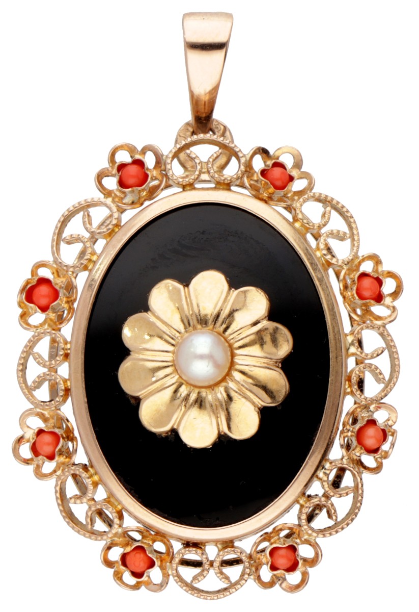 18 kt. Roségouden vintage hanger bezet met onyx, bloedkoraal en parel.