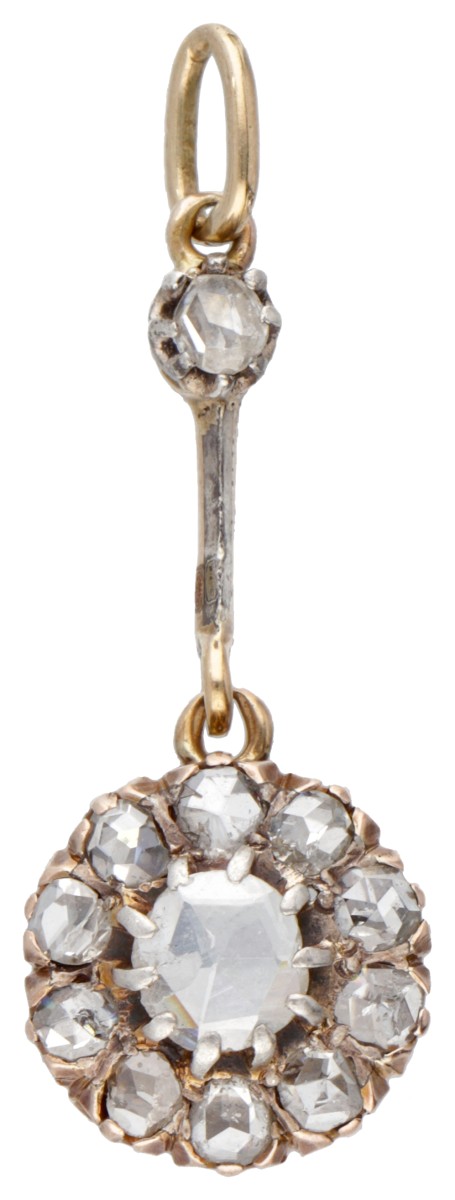 14 kt. Gouden/sterling zilveren antieke hanger bezet met roos geslepen diamanten.