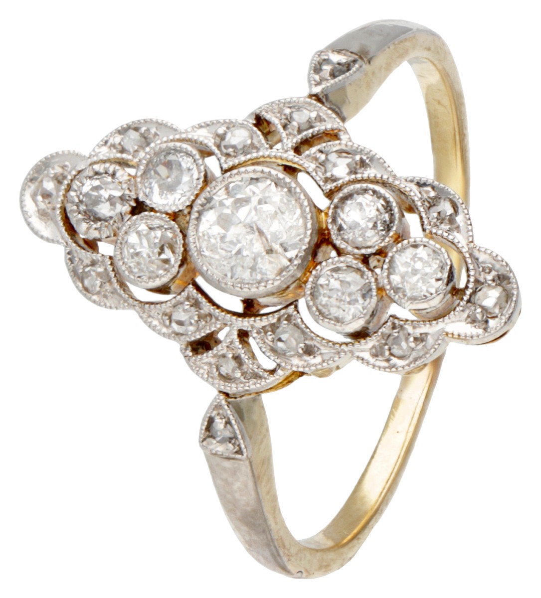 14 kt. Geelgouden opengewerkte art deco ring bezet met ca. 0.41 ct. diamant.