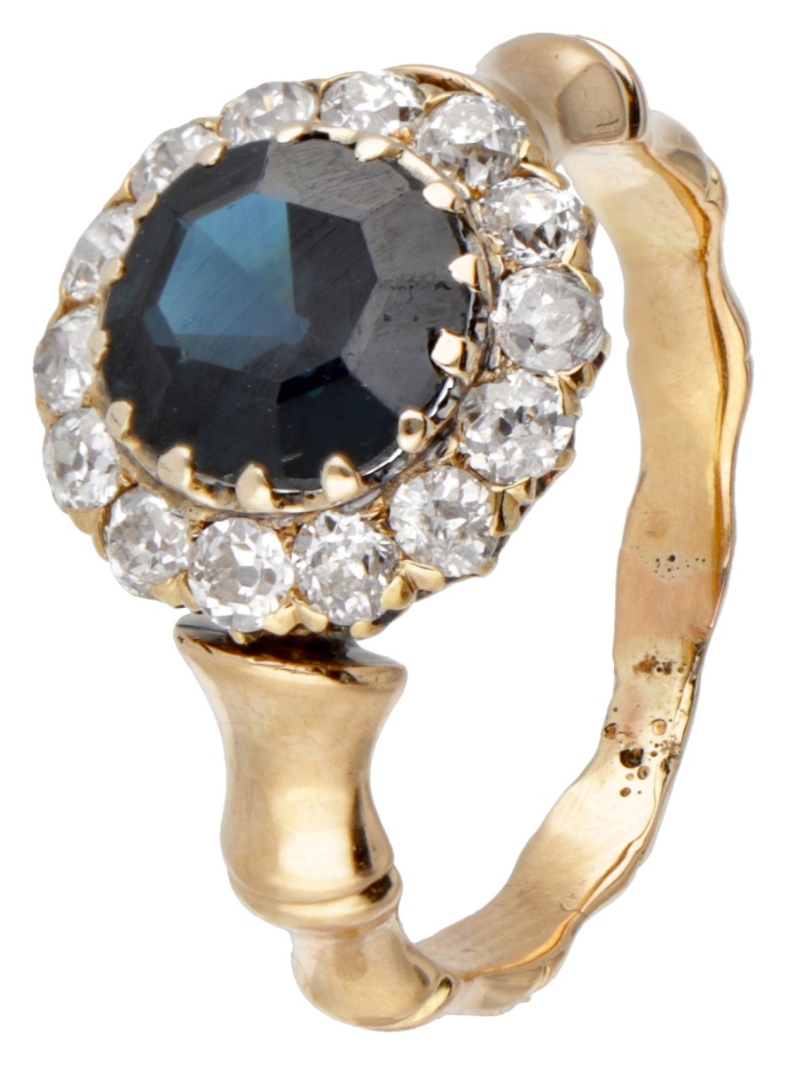 BWG 10 kt. geelgouden antieke ring bezet met ca. 0.52 ct. diamant en ca. 2.00 ct. saffier.