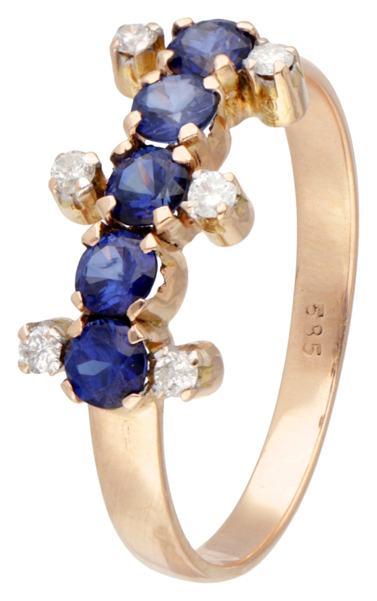 14 kt. Roségouden vintage ring bezet met ca. 0.12 ct. diamant en saffier.