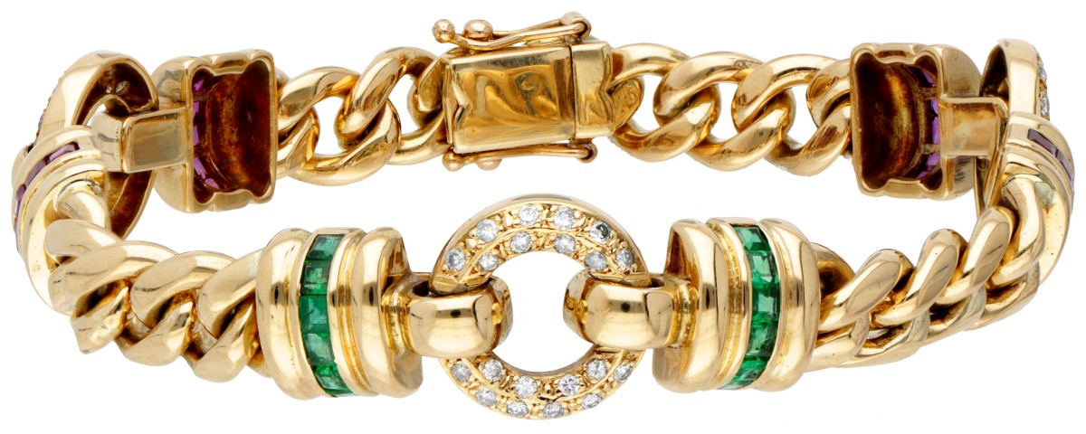 14 kt. Geelgouden vintage armband bezet met ca. 0.60 ct. diamant, natuurlijke robijn en smaragd.