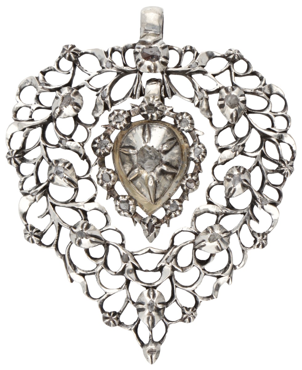 835 Zilveren antieke hanger bezet met roos geslepen diamanten.