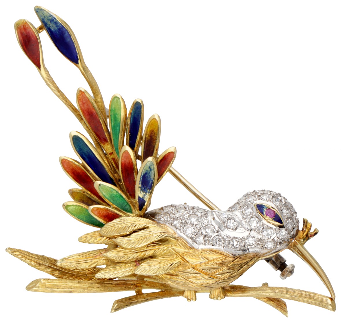 18 kt. Geelgouden vintage vogelbroche bezet met ca. 0.31 ct. diamant en kleurrijke emaille.