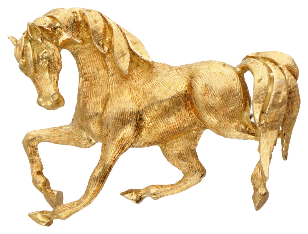 18 kt. Geelgouden vintage Italiaanse design broche van een galopperend paard.