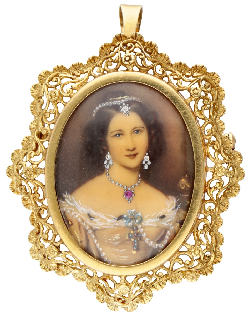 18 kt. Geelgouden Italiaanse vintage broche / hanger met een geschilderd portret van een dame.