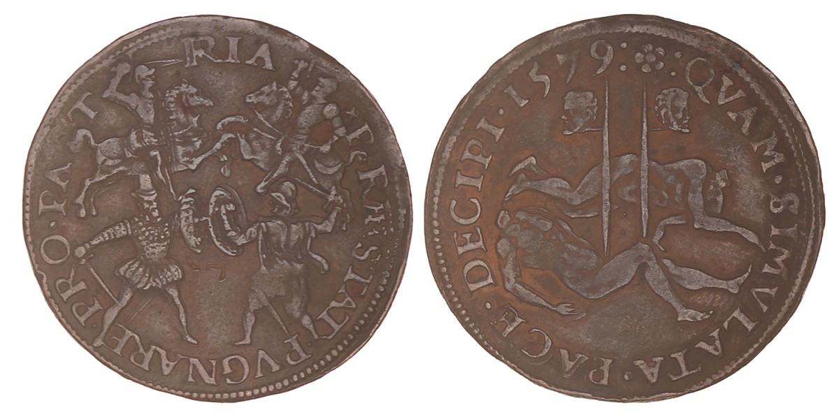 Noordelijke Nederlanden. Dordrecht. 1579. Afwijzing van de vrede en herinnering aan de onthoofding van Egmond en Hoorne.