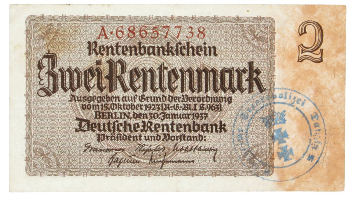 East-Belgium. 2 Rentenmark. Banknote. Type 1937. - Very fine.