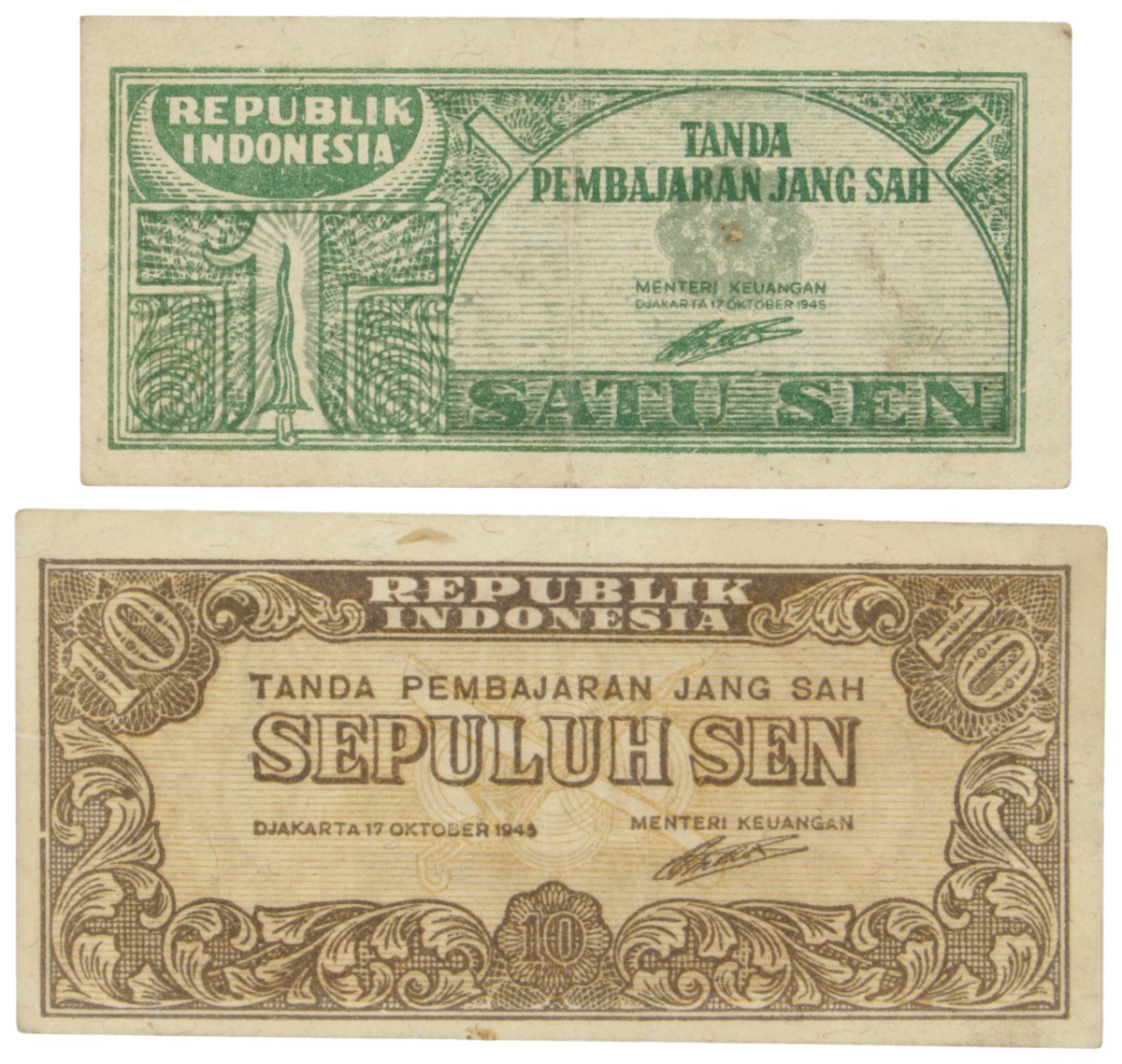 Indonesia. 1/10 Sen. Banknote. Type 1945. - Very fine / Extremely fine.