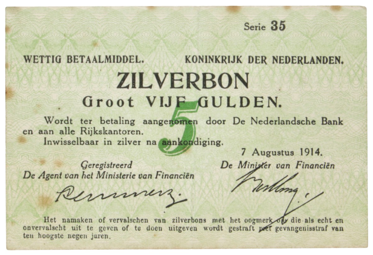 Nederland. 5 Gulden. Zilverbon. Type 1914. - Prachtig.