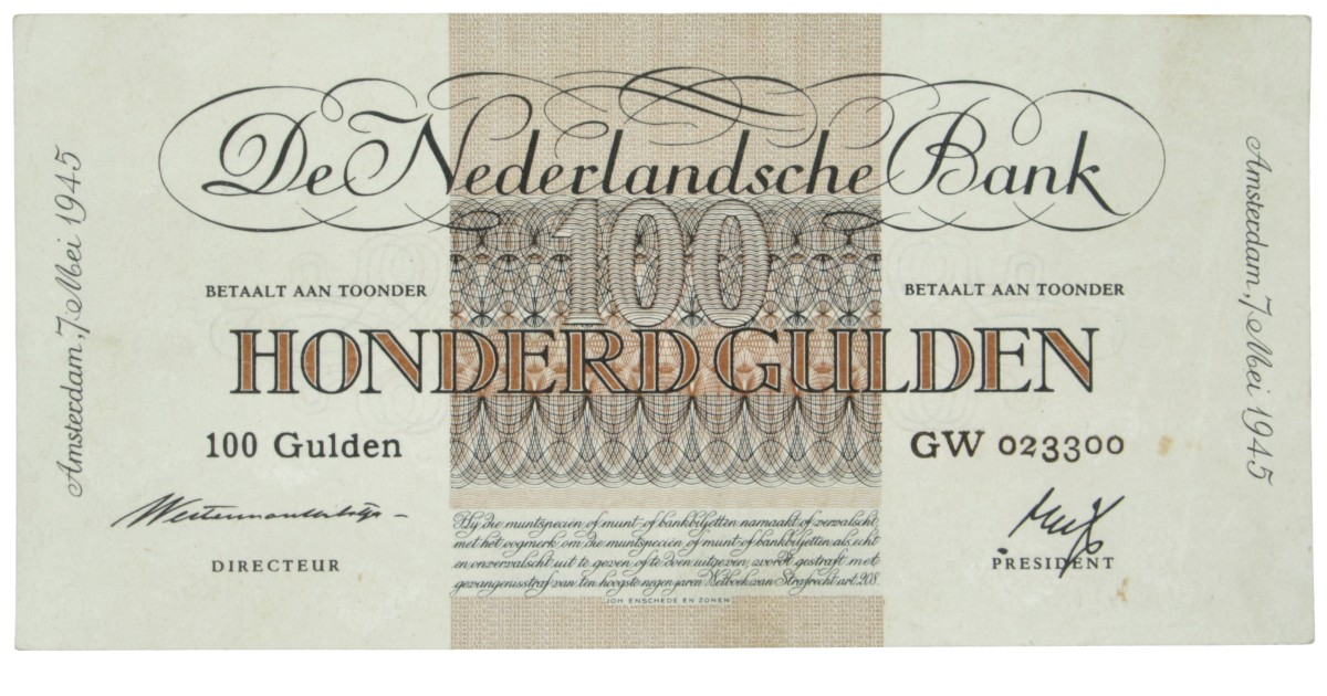 Nederland. 100 Gulden. Bankbiljet. Type 1945. Type Geldzuivering. - Zeer Fraai +.