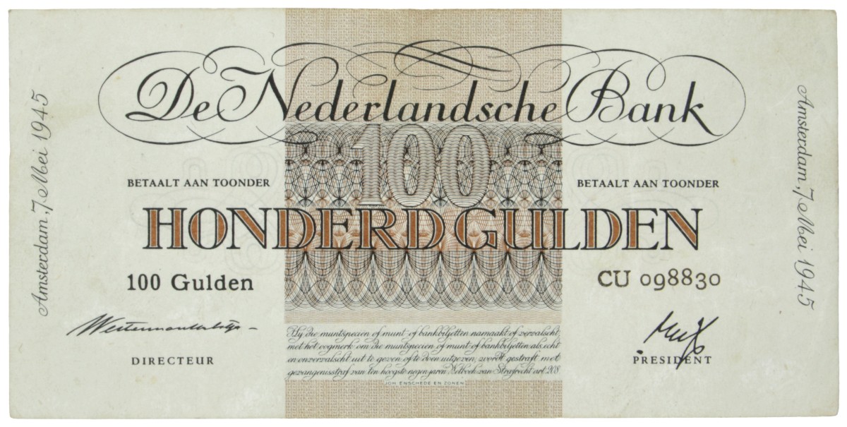 Nederland. 100 Gulden. Bankbiljet. Type 1945. Type Geldzuivering. - Zeer Fraai +.