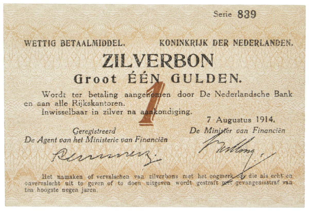 Nederland. 1 Gulden. Zilverbon. Type 1914. - Zeer Fraai +.