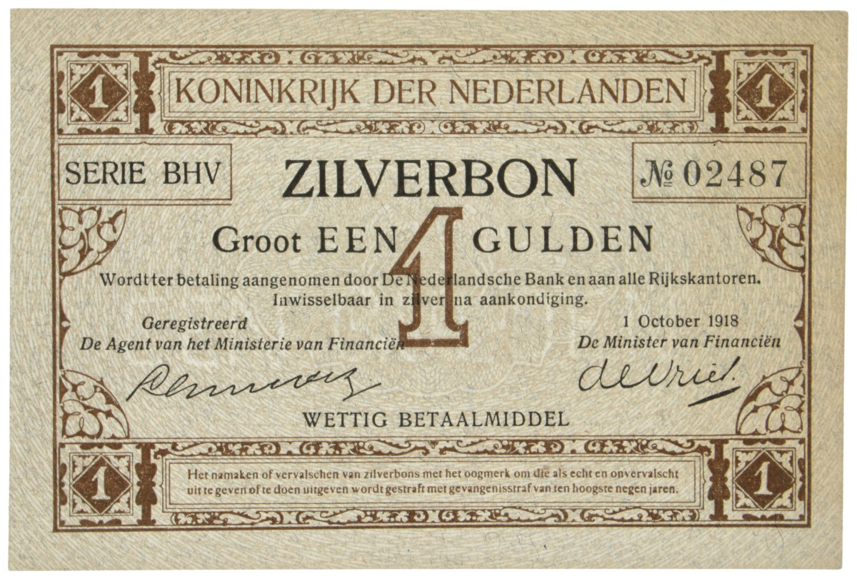 Nederland. 1 Gulden. Zilverbon. Type 1918. - UNC.