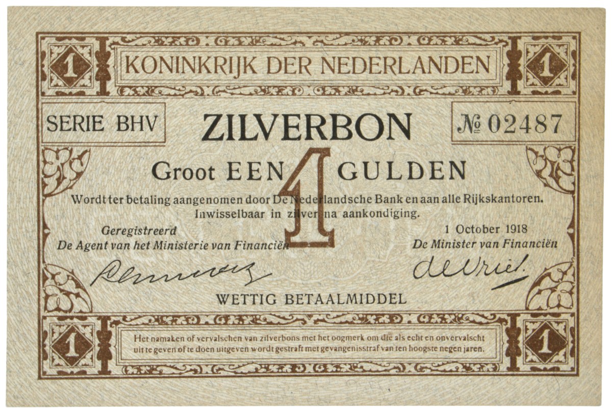 Nederland. 1 Gulden. Zilverbon. Type 1918. - UNC.