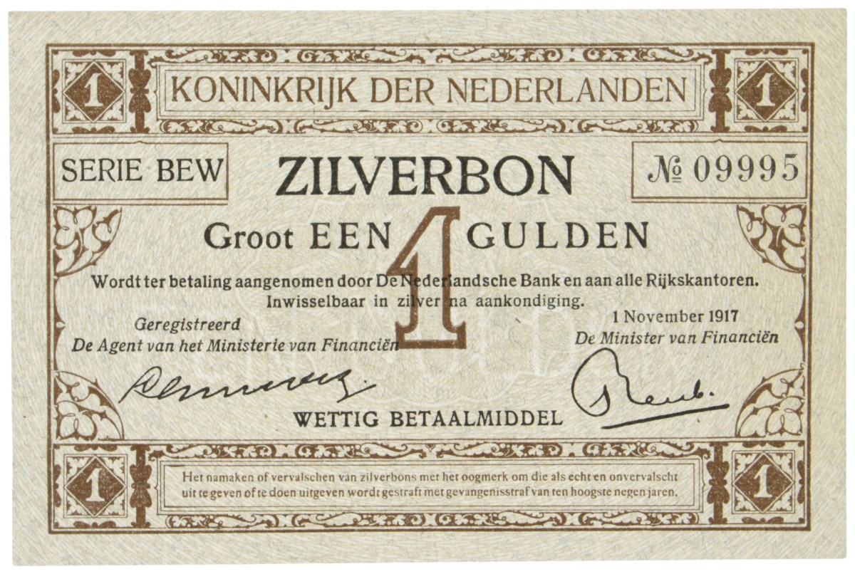 Nederland. 1 Gulden. Zilverbon. Type 1917. - UNC.