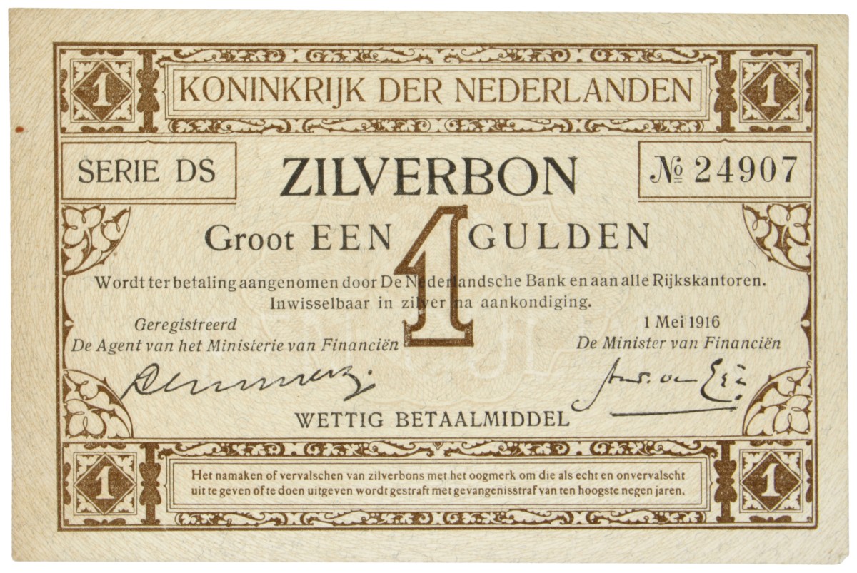 Nederland. 1 Gulden. Zilverbon. Type 1916. - UNC.