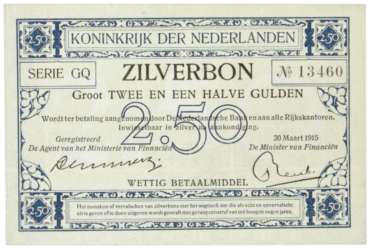 Nederland. 2½ Gulden. Zilverbon. Type 1915. - UNC.