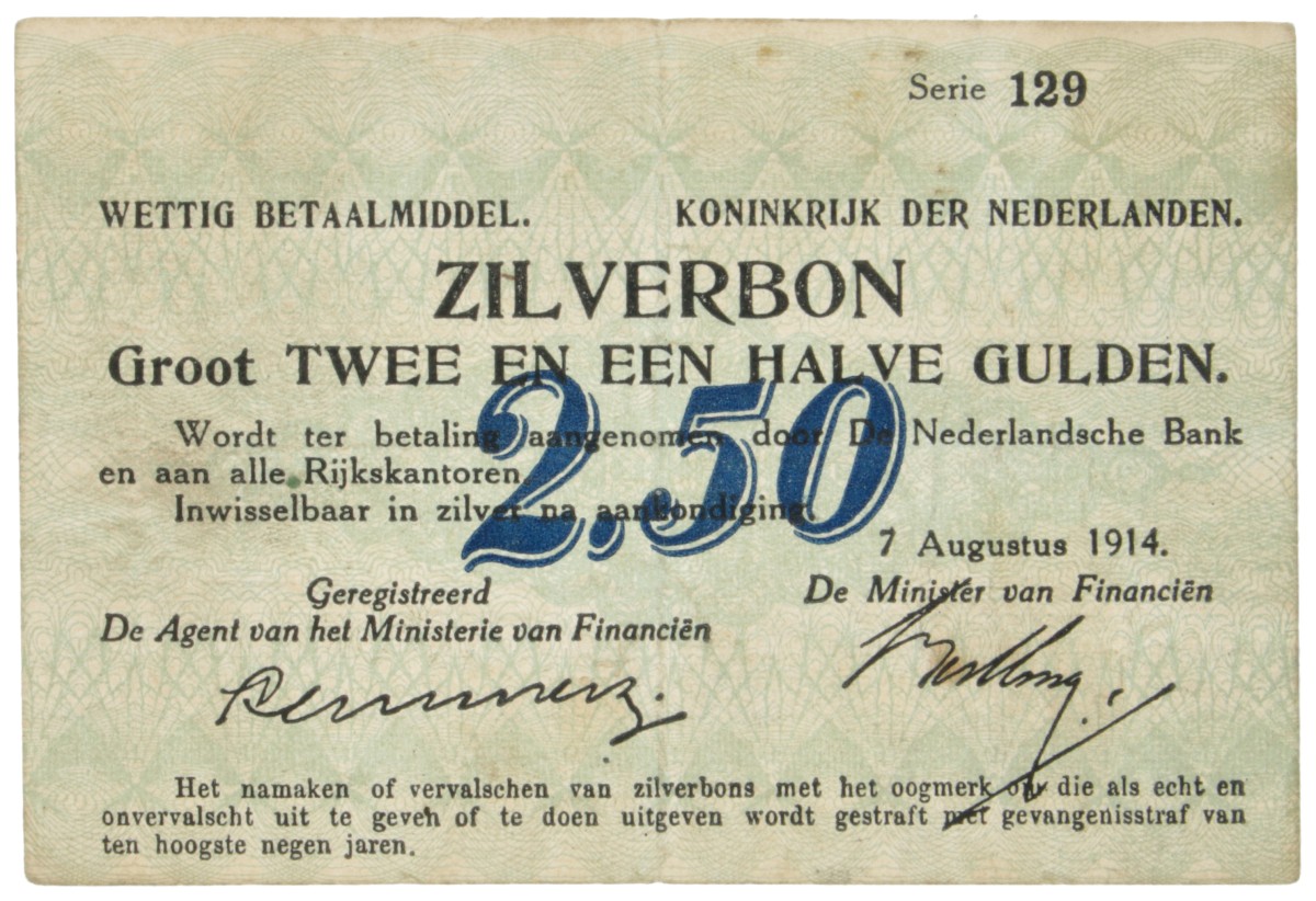 Nederland. 2½ Gulden. Zilverbon. Type 1914. - Zeer Fraai.