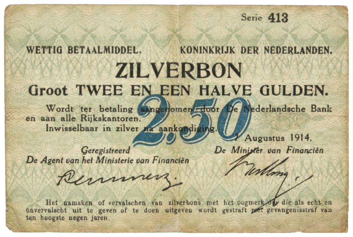 Nederland. 2½ Gulden. Zilverbon. Type 1914. - Zeer Fraai -.