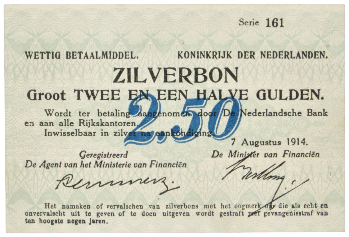 Nederland. 2½ Gulden. Zilverbon. Type 1914. - UNC.