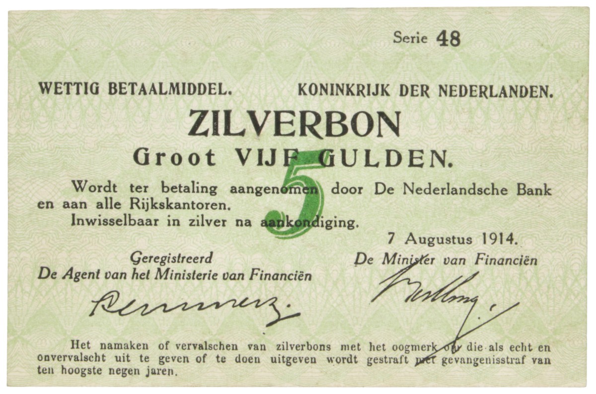 Nederland. 5 Gulden. Zilverbon. Type 1914. - Zeer Fraai +.