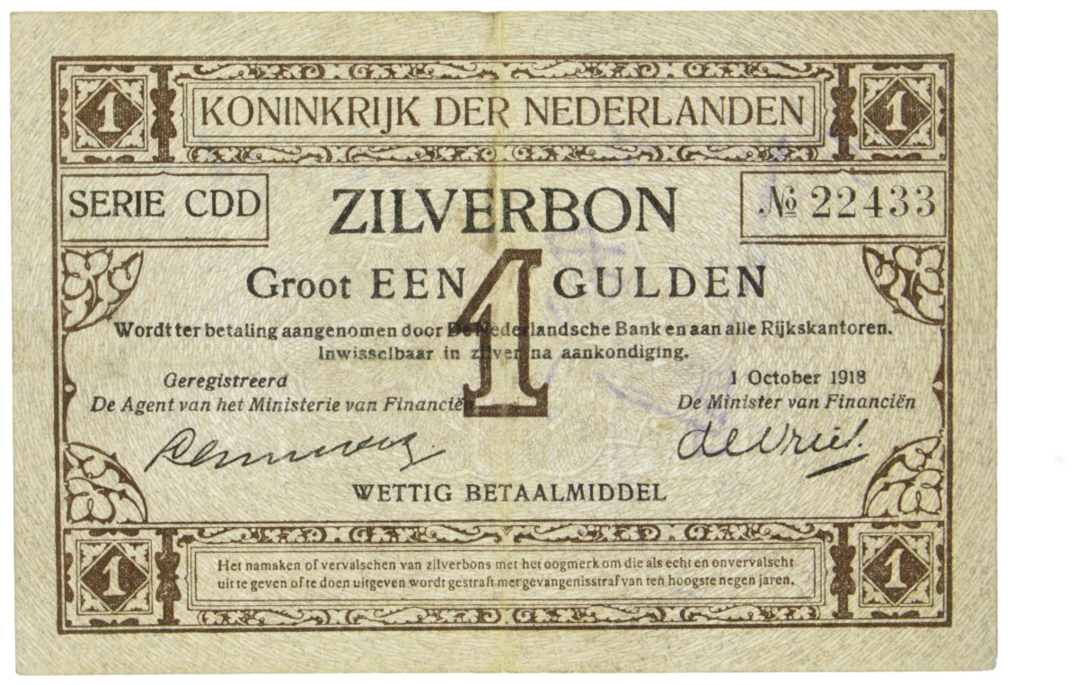 Nederland. 1 Gulden. Zilverbon. Type 1918. - Zeer Fraai.