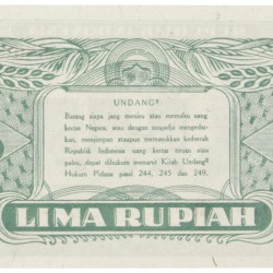 Indonesia. 5 Rupiah. Banknote. Type 1945. - Extremely fine.