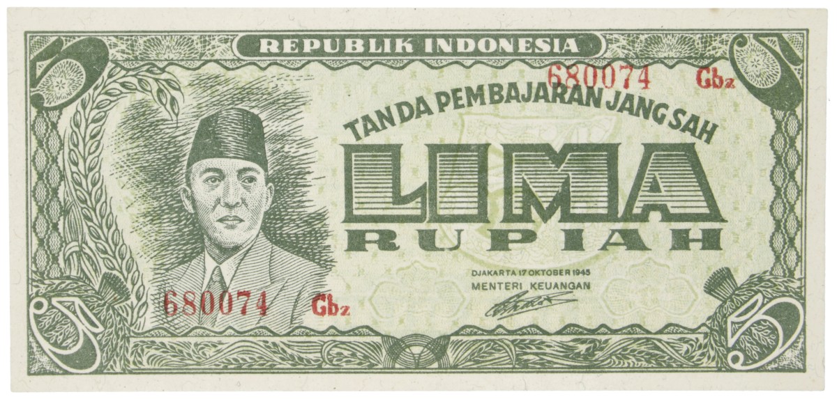 Indonesia. 5 Rupiah. Banknote. Type 1945. - Extremely fine.