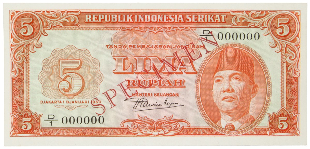 Indonesia. 5 Rupiah. Specimen. Type 1950. - UNC.