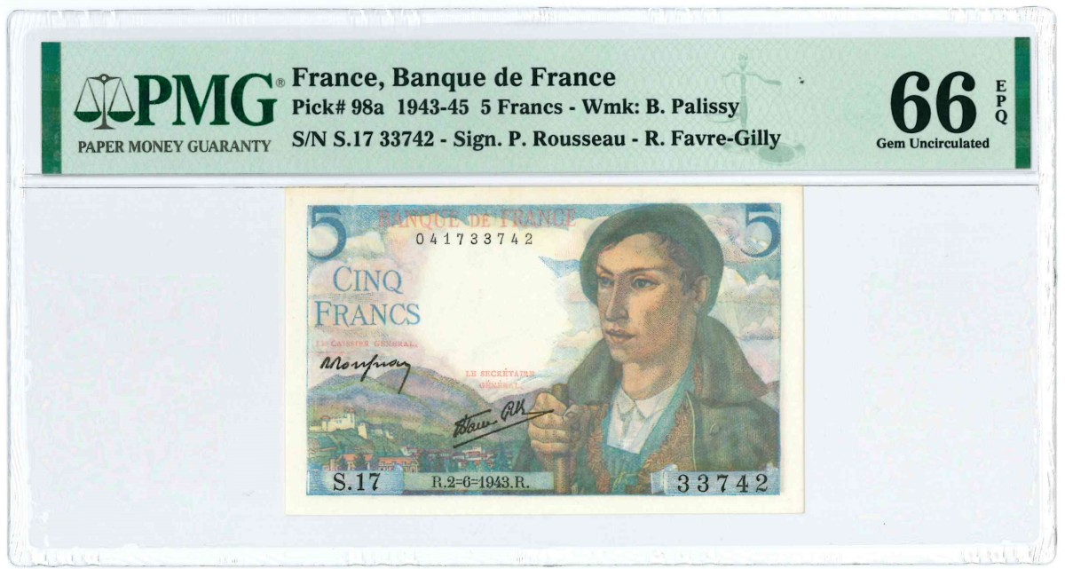 France. 5 Francs. Banknote. Type 1943-1945. - UNC.