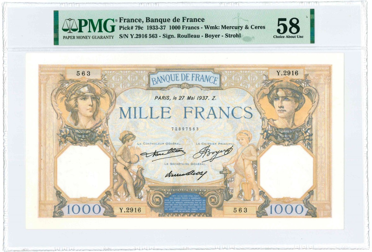 France. 1000 Francs. Bankote. Type 1933-1937. - About UNC.