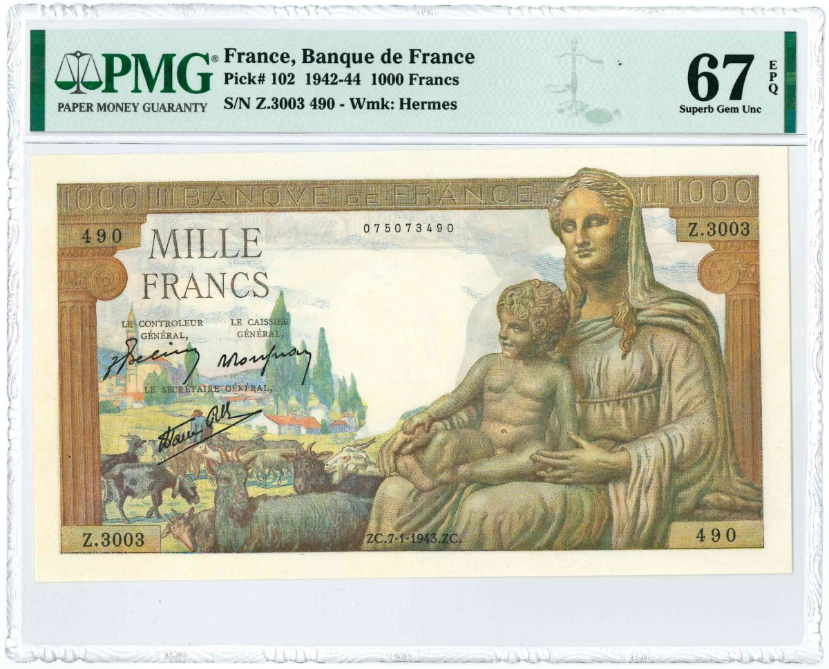 France. 1000 Francs. Banknote. Type 1942-1944. - UNC.