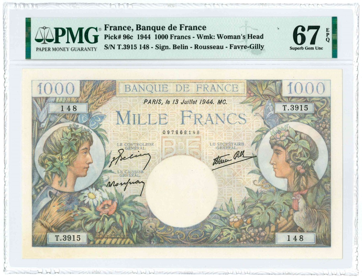 France. 1000 Francs. Banknote. Type 1944. - UNC.