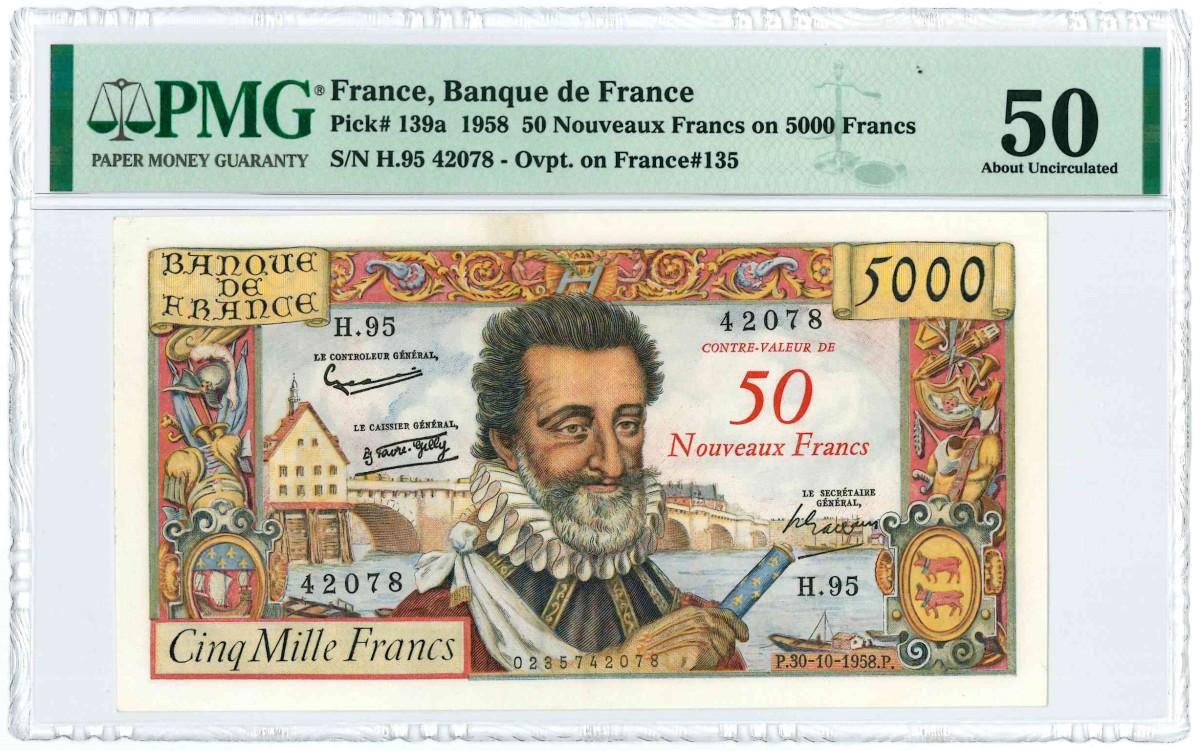 Francs. 5000 Francs. Banknote. Type 1958. - About UNC.