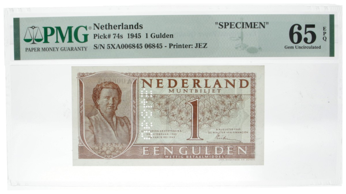 Nederland. 1 Gulden. Muntbiljet. Type 1945. Type Wilhelmina. - UNC.
