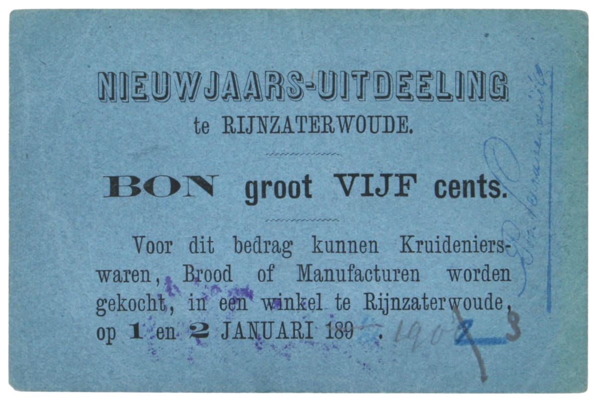 Nederland. 5 Cents. Bon. Type 189. Type Rijnzaterwoude. - Extremely fine.