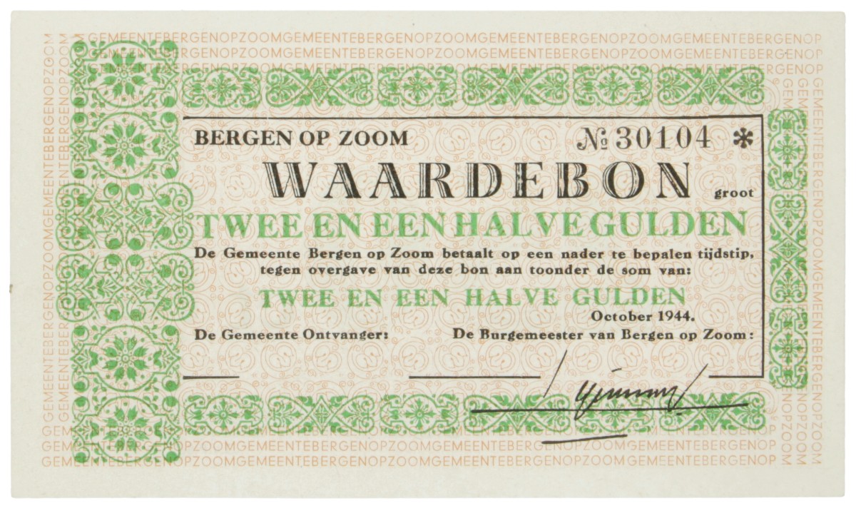 Nederland. 2½ Gulden. Waardebon. Type 1944. Type Bergen op zoom. - UNC.