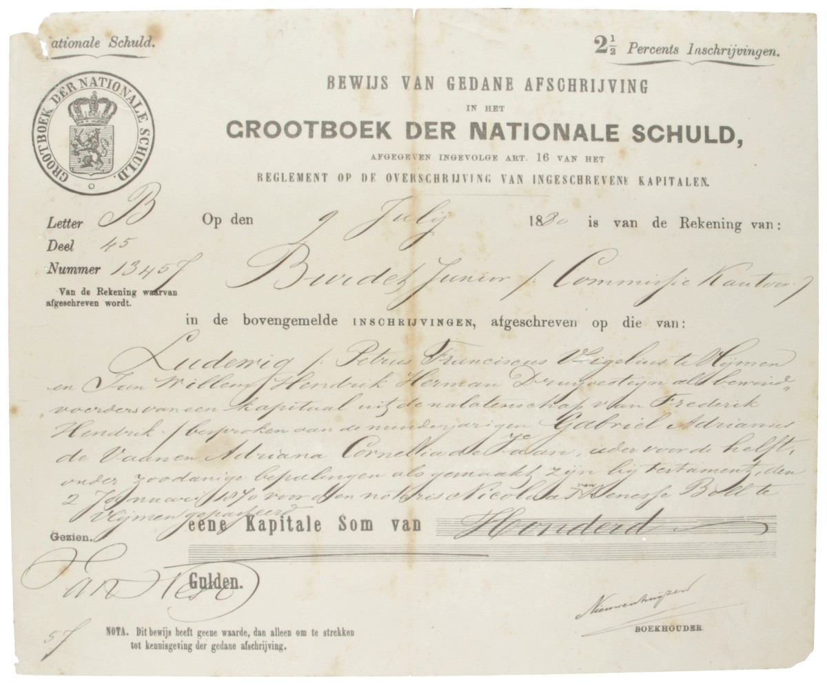 Nederland. Bewijs van gedane afschrijving in het Grootboek der Nationale Schuld, 100 Gulden. Type 1980. - Zeer Fraai.