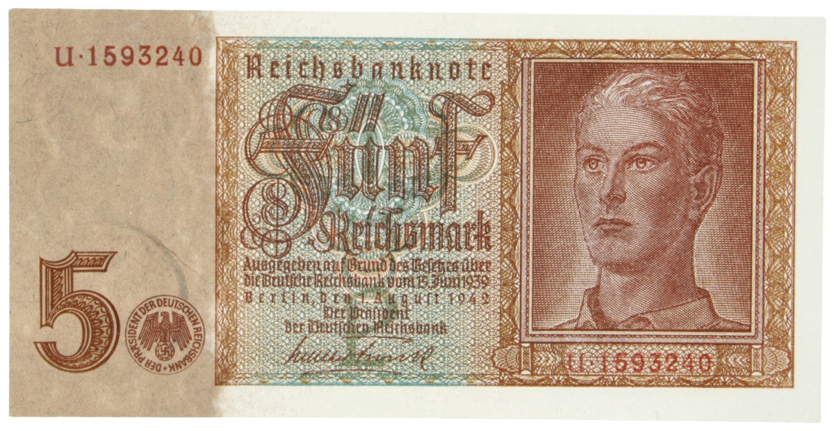 East-Belgium. 5 Reichsmark. Banknote. Type 1942. - About UNC.