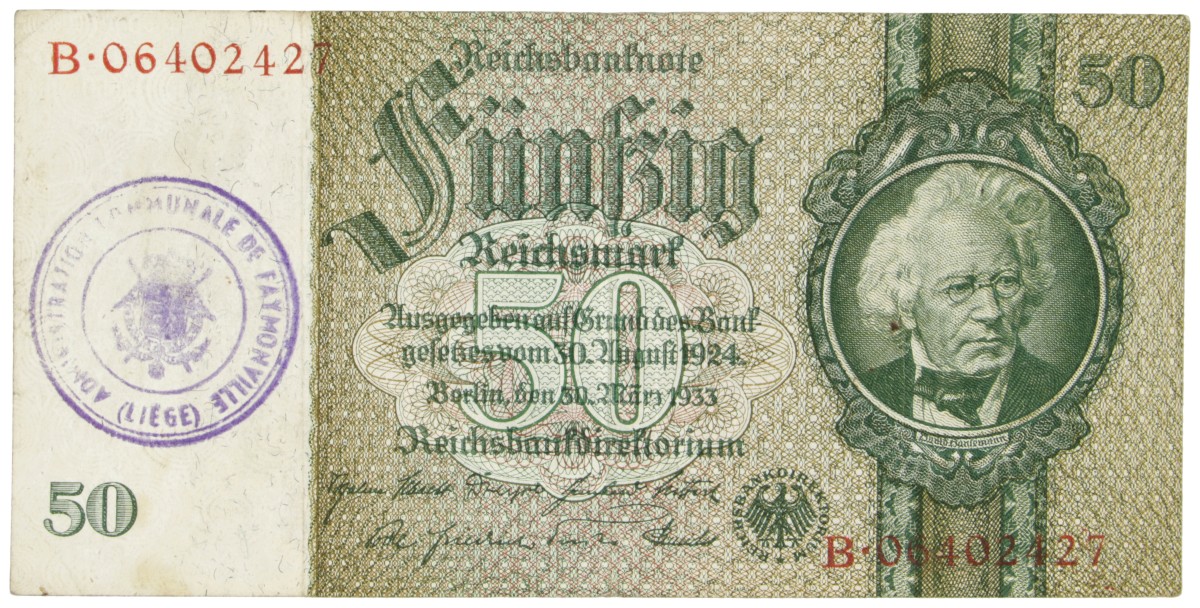East-Belgium. 50 RM. Banknote. Type 1933. - Very fine.