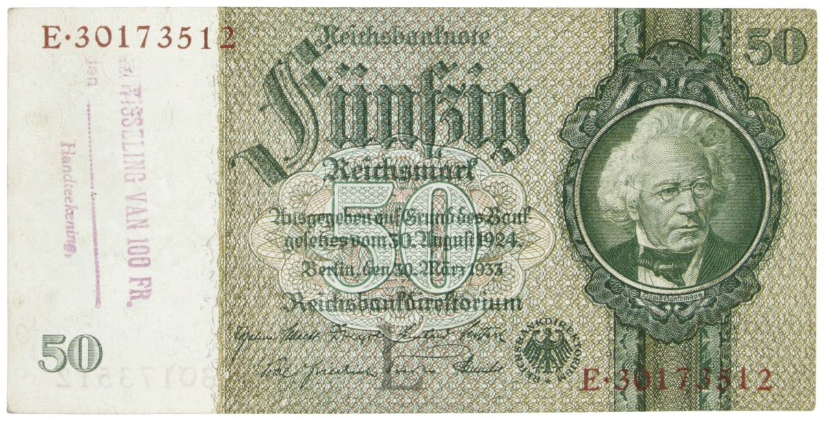 East-Belgium. 50 RM. Banknote. Type 1933. - Extremely fine / UNC.